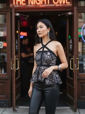 Bebe black lace halter peplum top nude lining cutout zip front LG